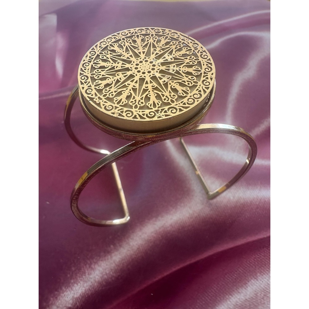 Gold Tone Filigree Medallion‎ Cuff Bracelet Open Double Band Boho Statement Wide